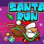 Ông già Noel đang chạy với túi quà, kẹo que và hộp quà, trên nền màu tím với những bông tuyết rơi