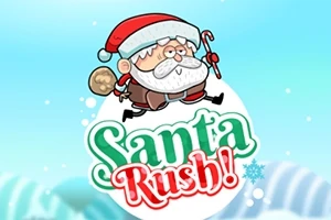 Ông già Noel cầm gậy và túi quà nhảy qua bầu trời xanh bên trên chữ Santa Rush!