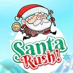 Ông già Noel cầm gậy và túi quà nhảy qua bầu trời xanh bên trên chữ Santa Rush!