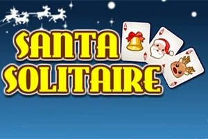 Văn bản Santa Solitaire màu vàng nổi bật trên nền xanh, với hình ảnh tuần lộc kéo xe và các lá bài có hình chuông, ông già Noel, và tuần lộc