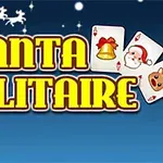 Văn bản Santa Solitaire màu vàng nổi bật trên nền xanh, với hình ảnh tuần lộc kéo xe và các lá bài có hình chuông, ông già Noel, và tuần lộc