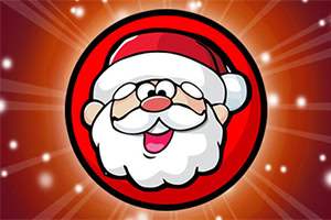 Hình ảnh một nhân vật ông già Noel hoạt hình với khuôn mặt tươi cười, nằm trong vòng tròn đỏ với nền sáng lung linh
