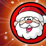 Hình ảnh một nhân vật ông già Noel hoạt hình với khuôn mặt tươi cười, nằm trong vòng tròn đỏ với nền sáng lung linh