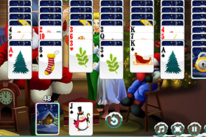 Các lá bài có hình ảnh Giáng Sinh được xếp thành hàng trên nền cảnh ông già Noel và cây thông Noel