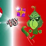 Ông già Noel đối đầu với sinh vật xanh trước nền màu xanh đỏ với hộp quà nổi bật ở giữa