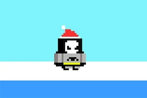 Một nhân vật hoạt hình phong cách pixel đội mũ đỏ đứng trên nền băng