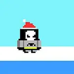 Một nhân vật hoạt hình phong cách pixel đội mũ đỏ đứng trên nền băng