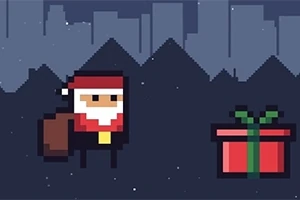 Ông già Noel dạng pixel đứng cạnh món quà trước nền đêm với dãy núi và thành phố phía sau
