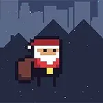 Ông già Noel dạng pixel đứng cạnh món quà trước nền đêm với dãy núi và thành phố phía sau