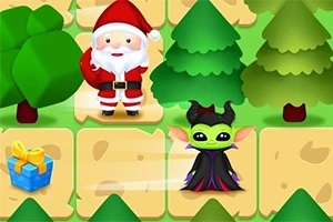 Ông già Noel và một nhân vật thần tiên đứng trên nền ô vuông với cây thông và hộp quà màu xanh