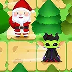 Ông già Noel và một nhân vật thần tiên đứng trên nền ô vuông với cây thông và hộp quà màu xanh