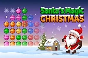 Ông già Noel vui vẻ đứng cạnh ngôi nhà nhỏ phủ tuyết, bên cạnh là cây thông Noel và các quả châu trang trí nhiều màu sắc