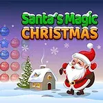 Ông già Noel vui vẻ đứng cạnh ngôi nhà nhỏ phủ tuyết, bên cạnh là cây thông Noel và các quả châu trang trí nhiều màu sắc