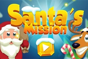 Ông già Noel và tuần lộc vui vẻ bên cạnh chữ Santas Mission với nền xanh và ngôi sao tỏa sáng