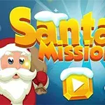 Ông già Noel và tuần lộc vui vẻ bên cạnh chữ Santas Mission với nền xanh và ngôi sao tỏa sáng