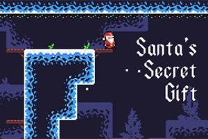 Ông già Noel đứng trên nền tuyết tại một hang động tối với dòng chữ Santas Secret Gift