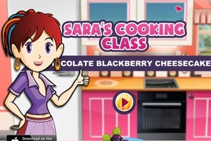 Nhân vật hoạt hình đứng trong bếp với biển hiệu Saras Cooking Class và nút play trên màn hình