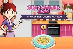 Nhân vật hoạt hình nữ đứng cạnh đĩa mì fettuccine alfredo trên bàn bếp với bếp và lò nướng phía sau