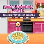 Nhân vật hoạt hình nữ đứng cạnh đĩa mì fettuccine alfredo trên bàn bếp với bếp và lò nướng phía sau
