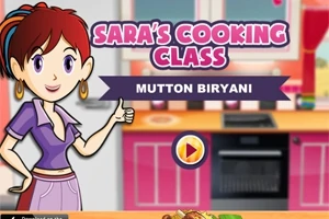 Nhân vật nữ hoạt hình đứng trong bếp với chữ Saras Cooking Class và Mutton Biryani, cùng một nút phát màu vàng ở phía trước