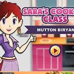 Nhân vật nữ hoạt hình đứng trong bếp với chữ Saras Cooking Class và Mutton Biryani, cùng một nút phát màu vàng ở phía trước