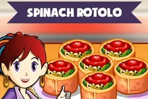 Nhân vật hoạt hình đứng trước sáu cuộn bánh rotolo rau cải bó xôi với sốt cà chua trên bề mặt; phía trên có dòng chữ Spinach Rotolo