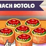 Nhân vật hoạt hình đứng trước sáu cuộn bánh rotolo rau cải bó xôi với sốt cà chua trên bề mặt; phía trên có dòng chữ Spinach Rotolo