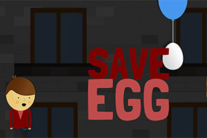 Một nhân vật hoạt hình đứng cạnh chữ SAVE EGG với một quả trứng được buộc vào một quả bóng bay màu xanh