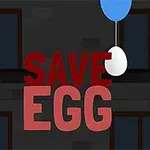 Một nhân vật hoạt hình đứng cạnh chữ SAVE EGG với một quả trứng được buộc vào một quả bóng bay màu xanh