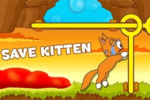 Một chú mèo hoạt hình đứng gần một cơ chế thanh gài trong hang động với chữ Save Kitten