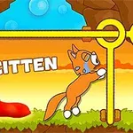 Một chú mèo hoạt hình đứng gần một cơ chế thanh gài trong hang động với chữ Save Kitten