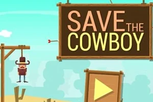 Một cao bồi đang bị treo trên giá treo cổ bên cạnh biển hiệu lớn ghi SAVE THE COWBOY