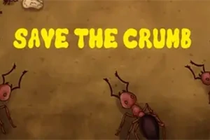 Hình ảnh có nền nâu với dòng chữ SAVE THE CRUMB màu vàng và hình ảnh của vài con kiến