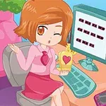 Cô gái hoạt hình ngồi trước máy tính với hộp quà có hình trái tim, bên cạnh là ảnh và điện thoại di động trên bàn