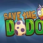 Dòng chữ SAVE THE DODOS màu sắc sặc sỡ với hình một chú chim dodo vui nhộn và một quả trứng