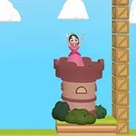 Công chúa đứng trên một tòa tháp nhỏ với bầu trời xanh và mây trắng xung quanh
