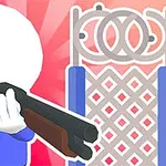 Hình ảnh một nhân vật với đầu tròn không có chi tiết khuôn mặt, mặc áo xanh, cầm khẩu súng hai nòng đối diện một chiếc cổng màu trắng có họa tiết hình học, nền có sắc đỏ hồng