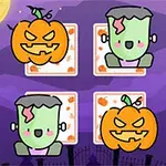 Hình ảnh có bốn biểu tượng hình bí ngô và Frankenstein hoạt hình trên nền trời đêm Halloween với mặt trăng và bóng cây