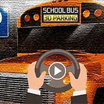 Xe buýt trường học màu cam với biển báo đỗ xe và bàn tay đang cầm vô lăng
