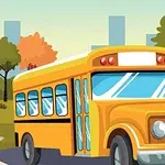 Xe buýt màu vàng chạy trên con đường, xung quanh là cây cối và các tòa nhà ở hậu cảnh