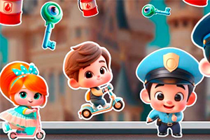 Hai nhân vật hoạt hình trẻ em dễ thương với xe scooter đứng trên nền lâu đài, xung quanh có các chìa khóa và vật phẩm khác
