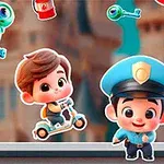Hai nhân vật hoạt hình trẻ em dễ thương với xe scooter đứng trên nền lâu đài, xung quanh có các chìa khóa và vật phẩm khác