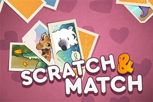 Nền hồng với nhiều bức ảnh động vật và chữ Scratch & Match lớn ở trung tâm