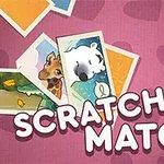 Nền hồng với nhiều bức ảnh động vật và chữ Scratch & Match lớn ở trung tâm