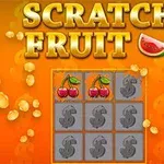 Nền màu cam với tiêu đề SCRATCH FRUIT phía trên, biểu tượng trái cây và đồng xu vàng xung quanh, trung tâm có một thẻ cào gồm các ký hiệu đồng tiền và quả anh đào