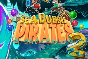 Chữ Sea Bubble Pirates 2 nổi bật trên nền có hình ảnh đại dương và các nhân vật đang nhảy múa, cùng các quả bóng nhiều màu sắc