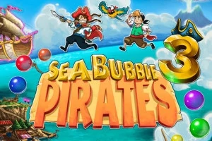 Hai nhân vật cướp biển hoạt hình đang nhảy với một con vẹt, cùng chữ Sea Bubble Pirates 3 nổi bật ở giữa, bao quanh là những quả bóng nhiều màu sắc và một con tàu cướp biển ở bên trái