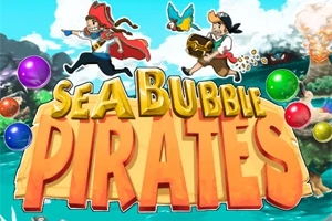 Hai nhân vật hải tặc vui nhộn đang chạy trên chữ SEA BUBBLE PIRATES với khung cảnh biển phía sau, cùng với các quả bóng màu sắc xung quanh