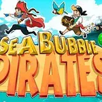 Hai nhân vật hải tặc vui nhộn đang chạy trên chữ SEA BUBBLE PIRATES với khung cảnh biển phía sau, cùng với các quả bóng màu sắc xung quanh