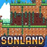 Hình ảnh hiển thị một cảnh nền pixel art với bầu trời xanh, các khối đất, cây cỏ và một khu vực có tên SEASONLAND ở dưới cùng